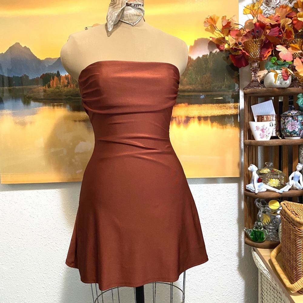 New Windsor Mini Dress Coquette Party Night Out Women Lace Up Back Small Brown